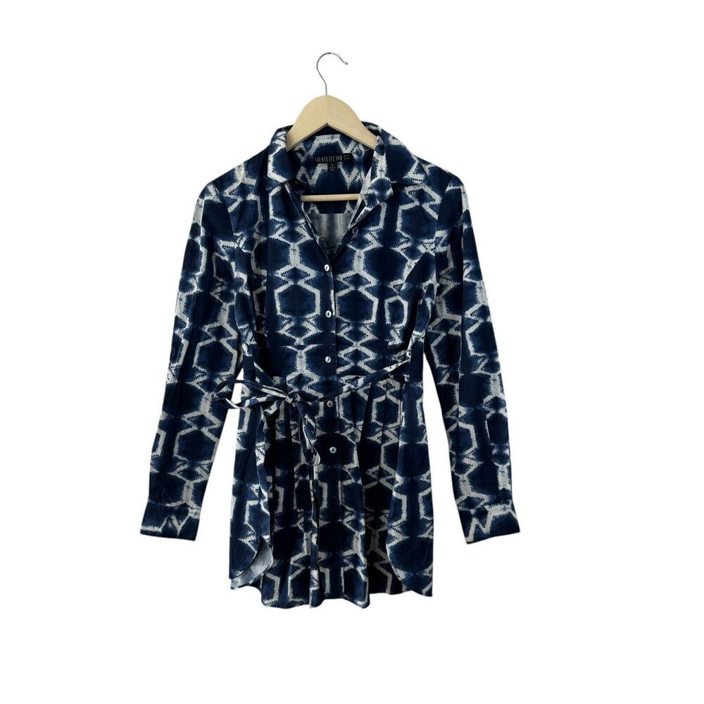 Lafayette 148 New York 4 Button Front Tunic Top Tie Waist Cotton Womens